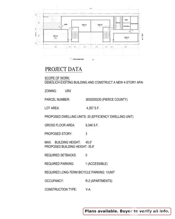 20-unit Efficiency Dwelling Unit layout. Developer package available. Buyer to verify.