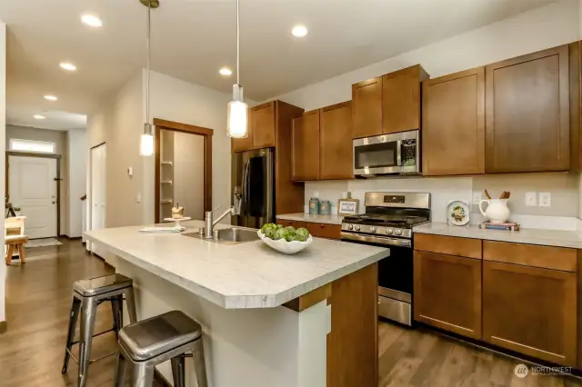 Stainless steel appliances and walk-in pantry make this eat-in kitchen a great place to gather.