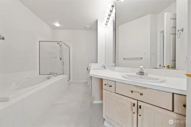 Primary bathroom with large soaking tub and separate shower.