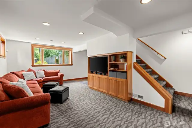 Lower Level Bonus Room has built in cabinets & Full size window