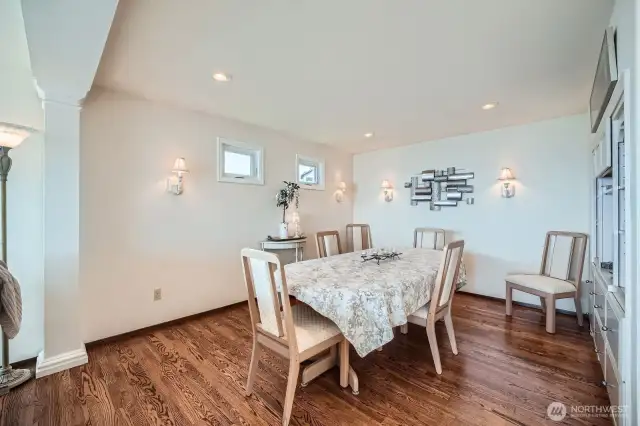 Dining room up close, has built-in hutch.