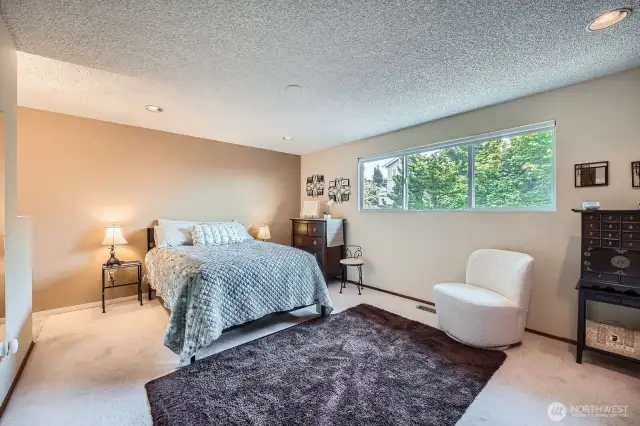 The primary bedroom is spacious with full length closet.