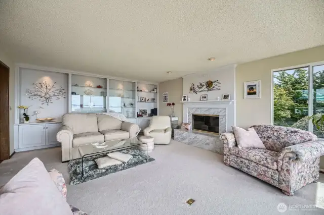 The living area has lovely glass shelving and gas fireplace.