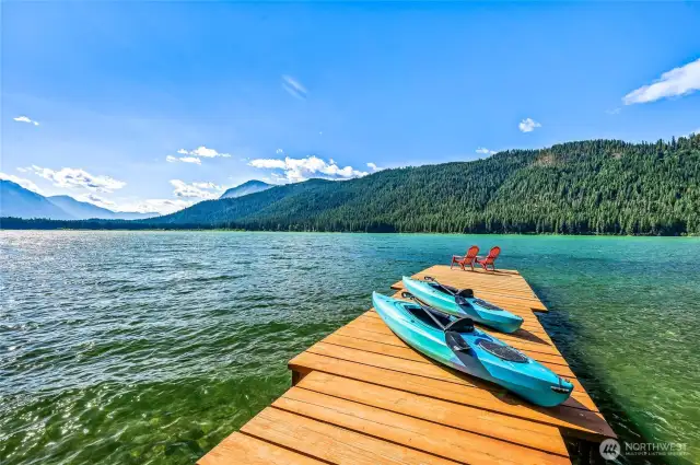 Kayaks ready for adventure, docked at your private waterfront.