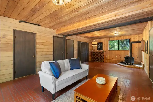 Rec room with wood burning stove.