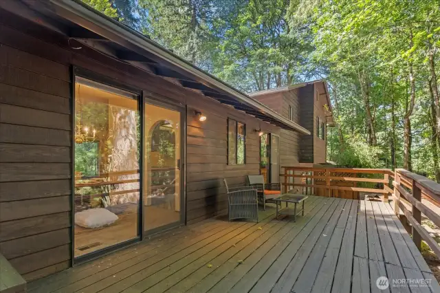 Large back deck with sliders from dining room and from kitchen.