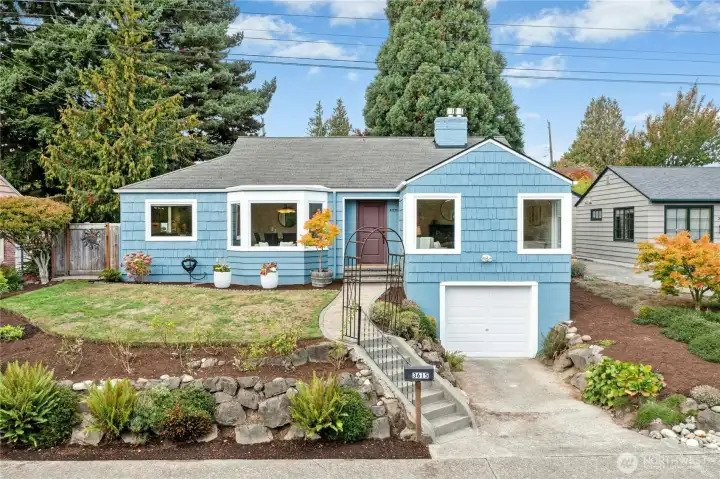 Commanding presence above quiet tree-lined street