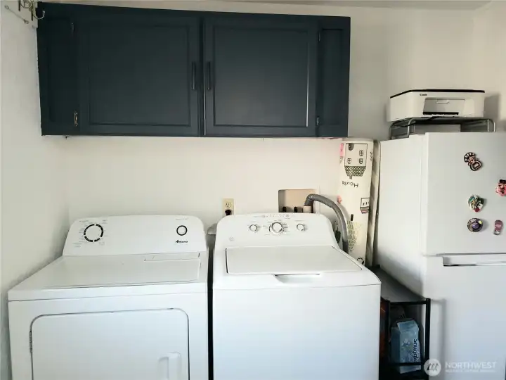 Nice Separate Utility Room with Over Cabinets, Newer Paint, Vinyl Plank Flooring and Room for an Extra Freezer.