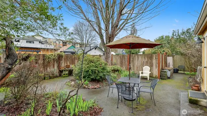 Serene and beautiful back patio area is fully fenced. Back alley parking with gate acces.