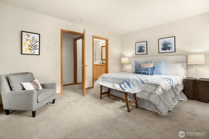 Big bedroom with lots of light and storage