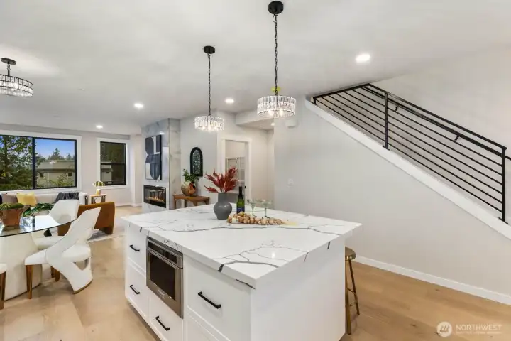 Microwave conveniently located within the island.