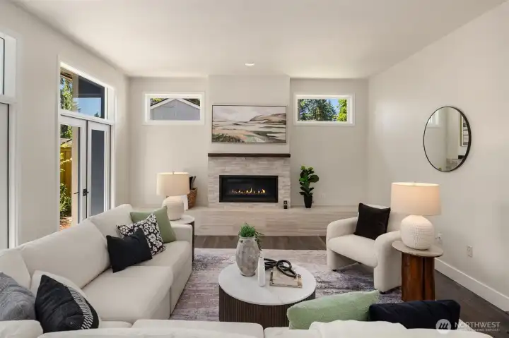A cheery gas fireplace warms the space on chilly days.
