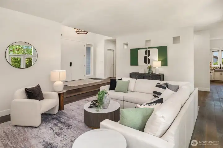 A soaring foyer is set just off the living room.
