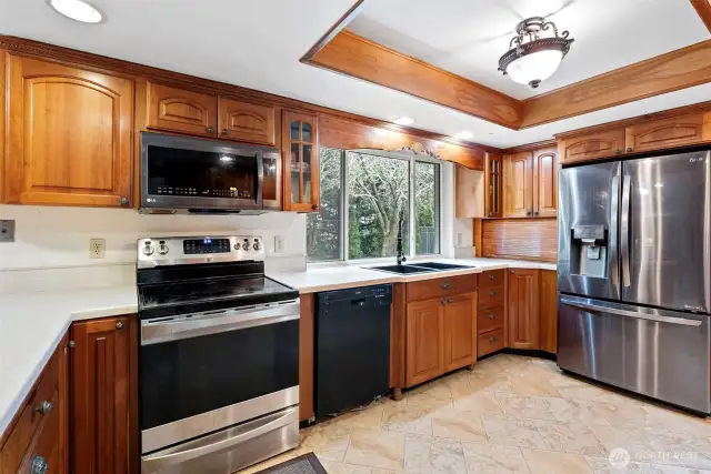 Note the gleaming stainless steel appliances and an abundance of workspace