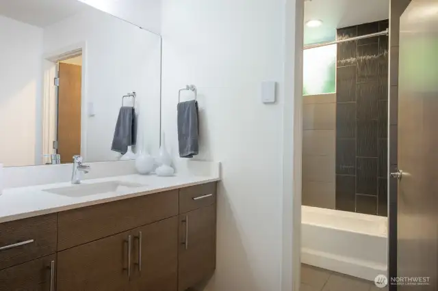 Modern full bath with sleek tile accents and generous counter space.