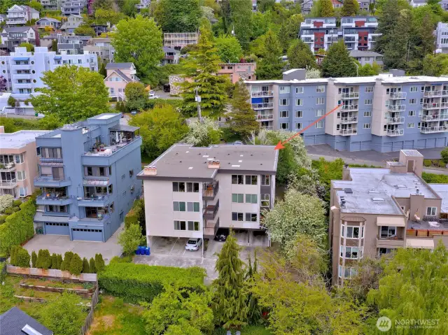 Aerial view of back side of building