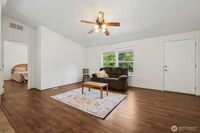 Great split floor plan! Walk in and primary bedroom and bathroom are to your right and the other 2 bedrooms are to your left.