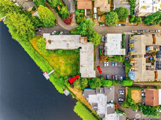 Aerial view showcasing the top-floor unit along with assigned parking spaces 2 and 3.