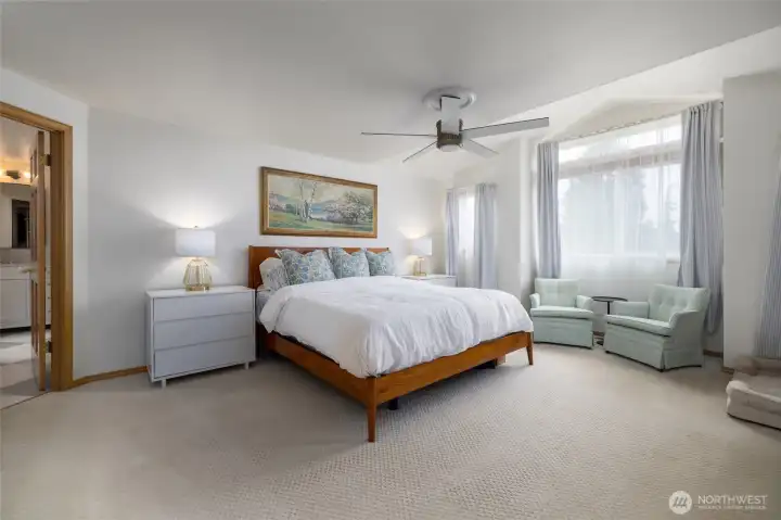 A true primary retreat.  Spacious bedroom w/walk-in closet w/California Closet system and newly remodeled and updated 5 piece spa bath.