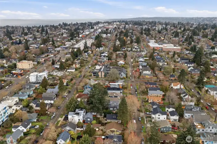 Aerial image looking north with Puget Sound. The large building a couple blockas away is Whittier Elementary School.