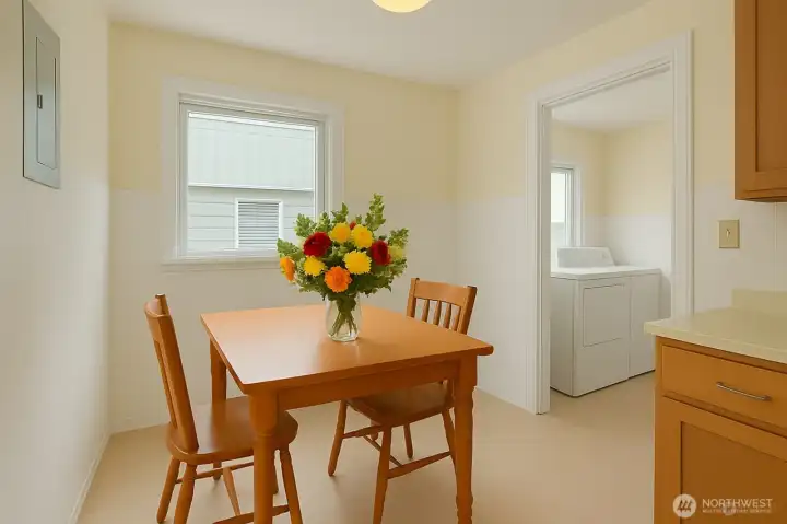 Kitchen with virtual staging of the kitchen table.