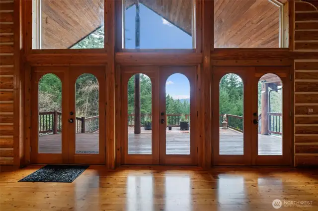 Wall of Windows and French Doors looking East to Mt Hood