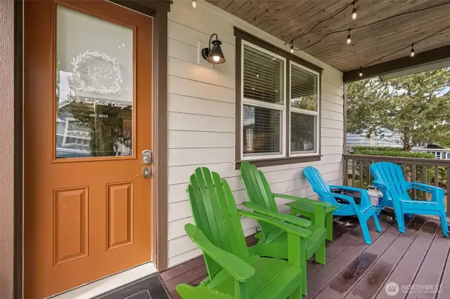 Covered porch with recessed lights, outside electrical, perfect for year around.