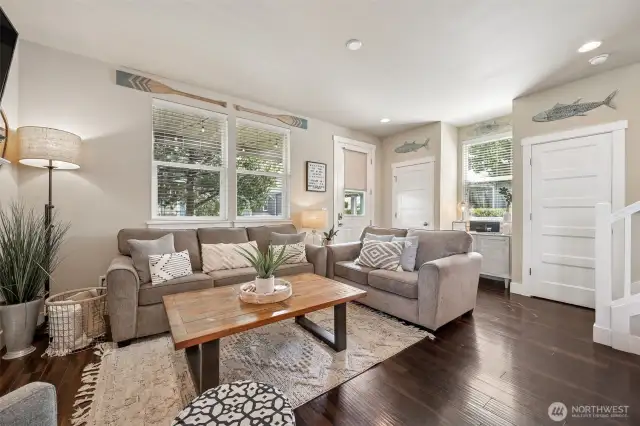 The natural light and high ceilings offer a bright and airy gathering space.