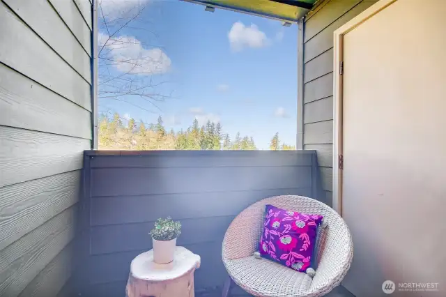 The balcony looks out to the lake, mountains, trail and has storage