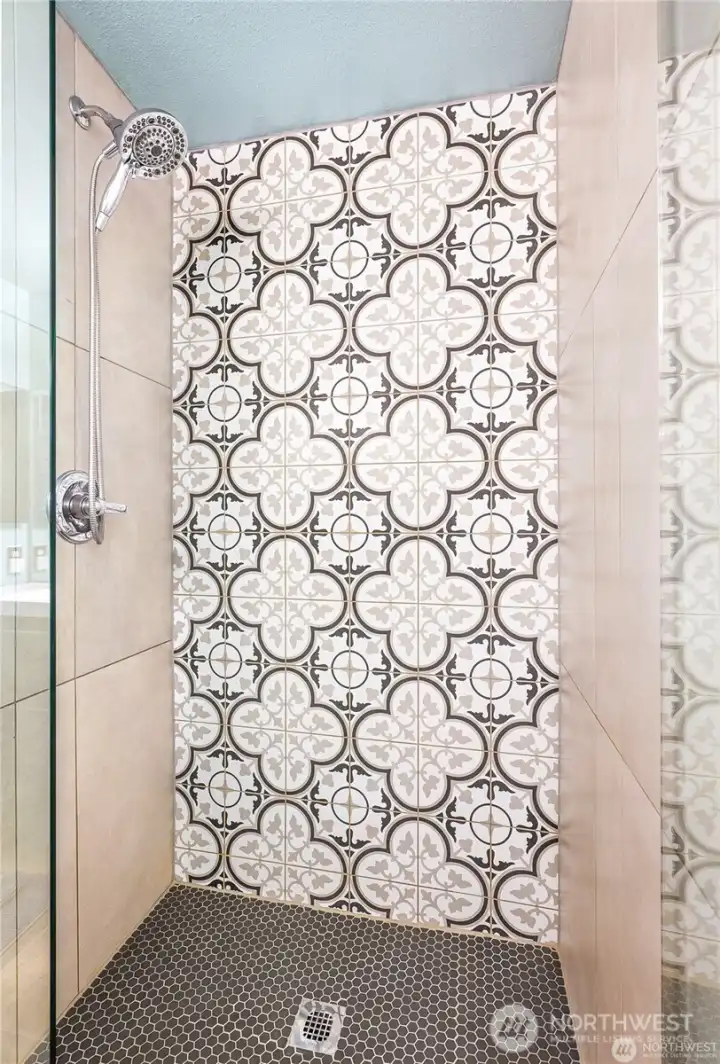 Large Primary shower with new tile and door