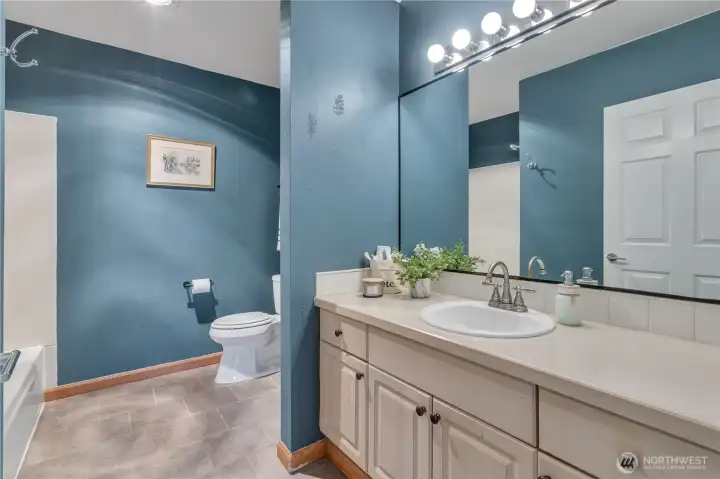 Full guest bathroom with storage