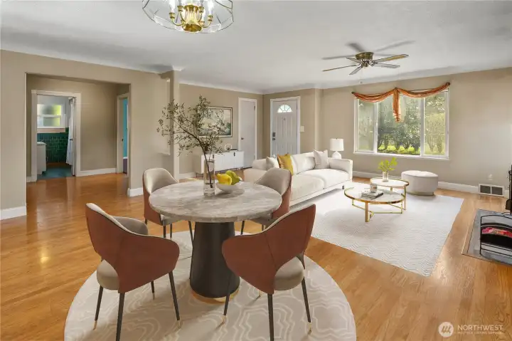 Staged Dining and Living Room areas.