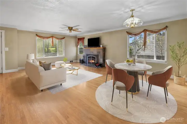 Staged dining and living room area.