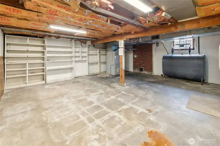 Another view of massive room downstairs with tons of built in shelving.
