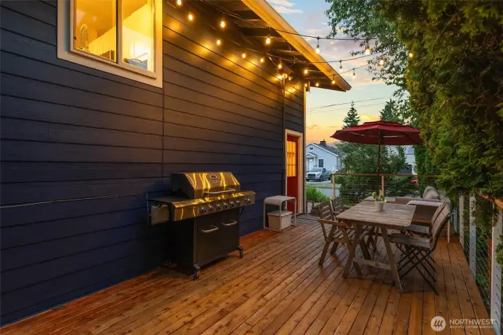 Expansive deck with warm lighting