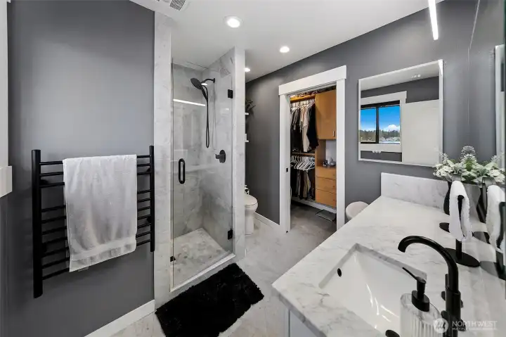 Primary bath with radiant heat & heated towel rack Primary bath with radiant heat & heated towel rack