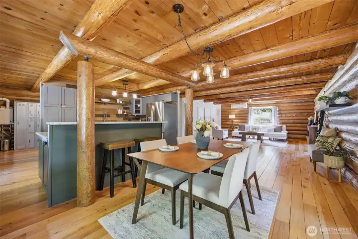 Timber ceilings, hardwood floors and exposed log construction gives an authentic lodge feel. Timber ceilings, hardwood floors and exposed log construction gives an authentic lodge feel.