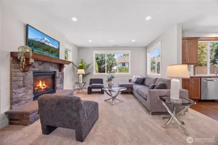 Oversized Family Room with Gas Fireplace and lots of windows to allow for natural light.