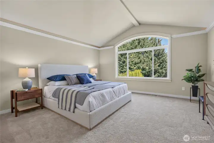 Luxurious Primary Suite with Vaulted Ceiling and dramatic parameter ceiling lighting and beautiful window views.
