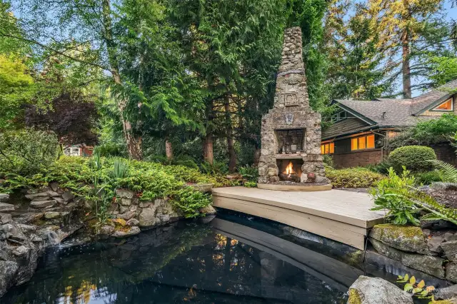 The pond with another outdoor fireplace -- so many wonderful spaces to explore.