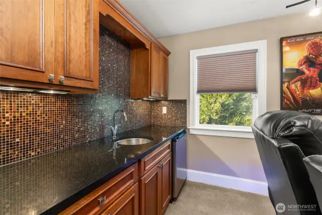 Media Room Wet Bar W/ Ceramic backsplash, minifridge and sink