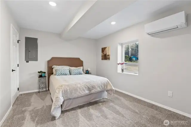 B/Lower Floor: Primary Suite w/Mini-Split for Heat and AC. Walk-In Closet and Electrical Panel for the 2-Bdrm unit.