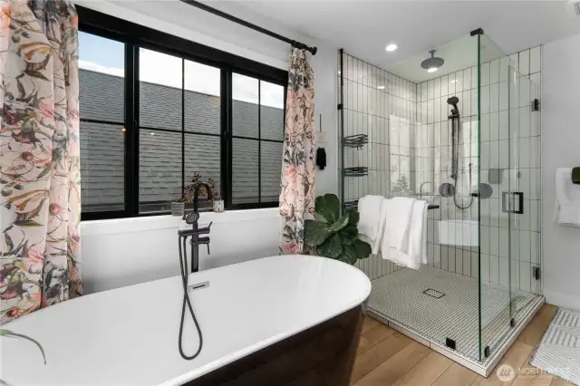 Frameless glass shower with custom tile.