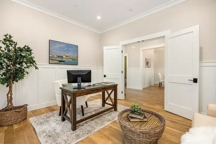 Main floor office: French doors off entry foyer, Large picture window overlooking private side yard, Wide plank white oak floors