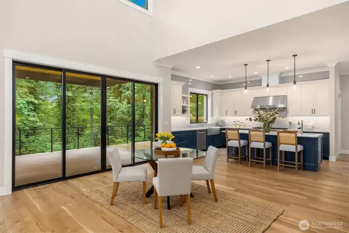 Open informal eating area with huge sliders leading to covered entertaining area.