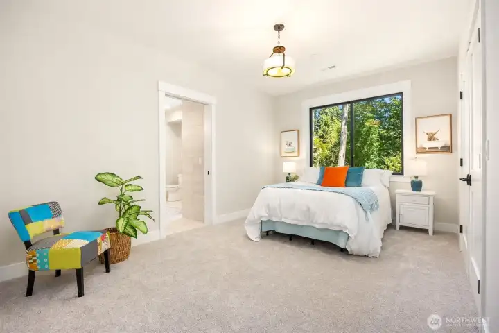 Spacious room, large double door closets, oversized windows and quality wall-to-wall carpeting with extra thick padding, plus Attached full Jack and Jill bathroom that leads to media room adds to the options for this bedroom