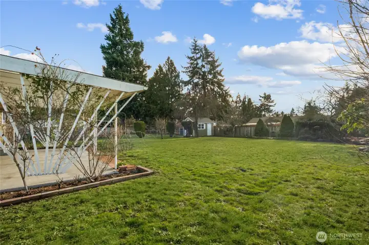 Standing in one corner looking at the sizable yard - completely flat - you can also see the newer shed in the corner.