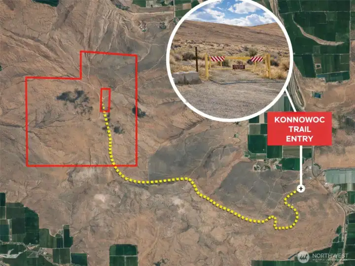 Overhead view with approximate boundaries in red and route to access in yellow.