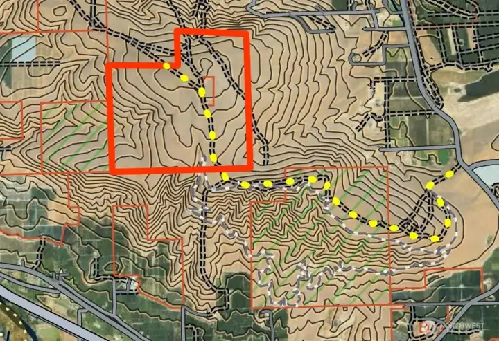 Approximate boundaries in red with access route in yellow dots.