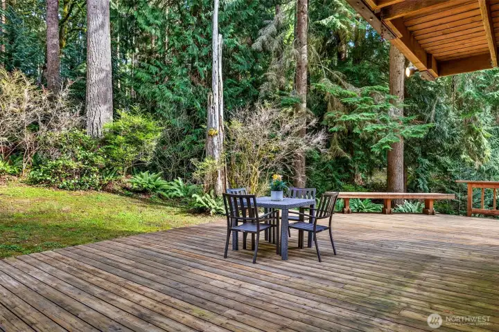 Surrounded by towering cedars and lush native understory, the rear deck offers a fully immersive outdoor experience — a rare and peaceful setting that feels worlds away from the everyday, yet remains just minutes from Woodinville's best amenities.